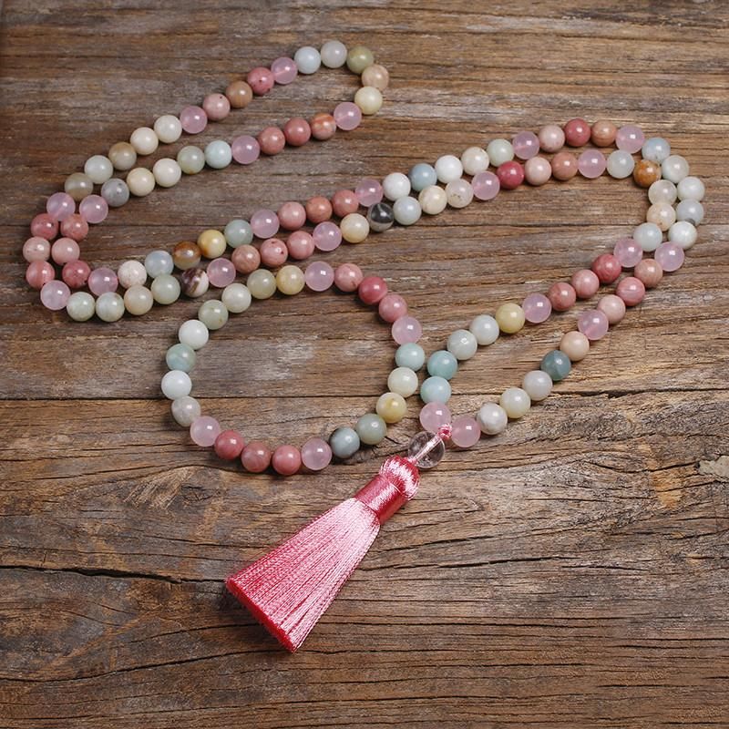 Natural 8mm Rhodochrosite Amazonite Beads Necklace Peaceful Heart 108 Bead Mala Jewelry Buddha Prayer Bracelet Necklace