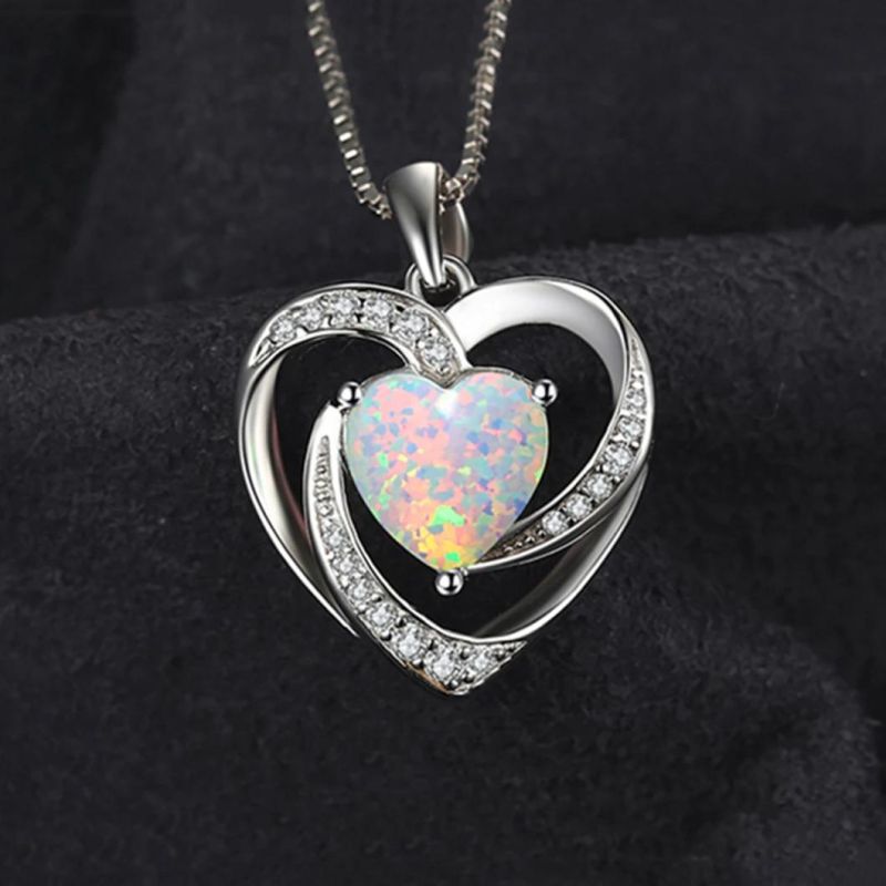 925 Sterling Silver Heart Pendant Necklace Fashion Jewelry with Opal for Women Wholesale