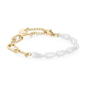 Fashion Design Adjustable Paperclip Chain Pearl Stainless Steel Women Bracelet