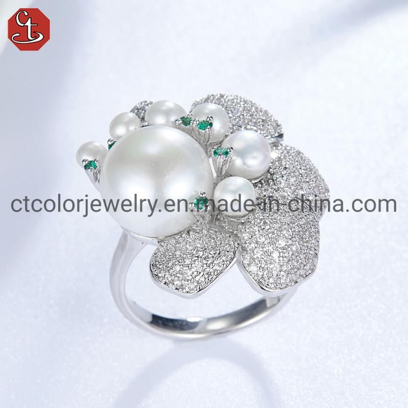 High Quality Flower Gold Plated S925 Silver CZ Freshwater Pearl Ring Earring Jewelry set White Christmas gifts