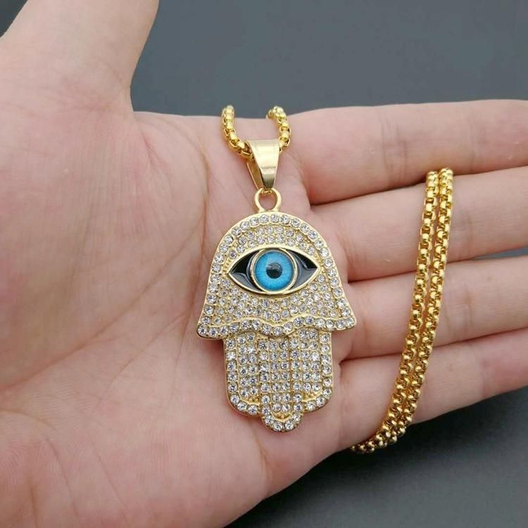 Titanium Steel Gilted Blue Eye Fatima Hand Pendant Necklace