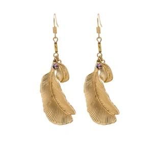 Women Fashion Jewelry Accessories Metal Feather Gold Drop Earrings