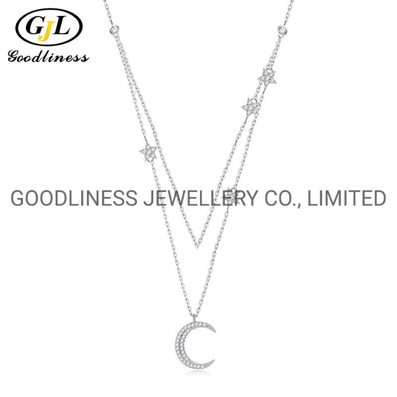 Fine 925 Sterling Silver Moon and Star Multi-Layer Necklace