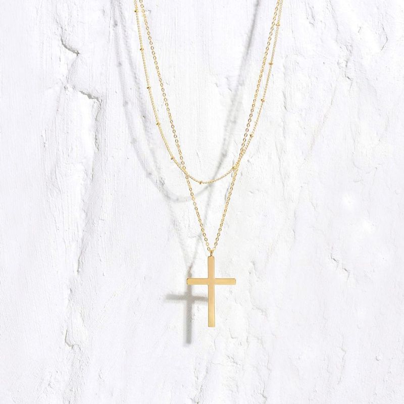 Trendy Custom Minimalist Classic Women Gifts 925 Sterling Silver 18K Gold Plated Cross Double Layered Pendant Necklace Jewelry