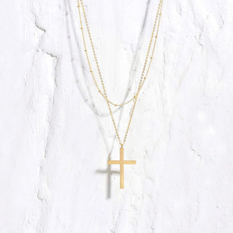 Trendy Custom Minimalist Classic Women Gifts 925 Sterling Silver 18K Gold Plated Cross Double Layered Pendant Necklace Jewelry