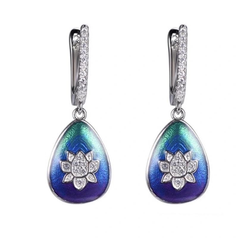 925 Silver and Brass CZ Fashion Enamel Crown Earring for Women