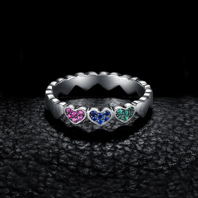 Created Ruby Nano Russian Simulated Emerald Created Blue Spinel Hearts Stackable Rings Jewelry 925 Sterling Silver