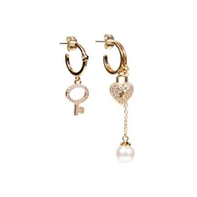 Dainty Hoop with Small CZ Dangle Gold Earring Zircon Heart Key Hoop Helix Piercing Earring