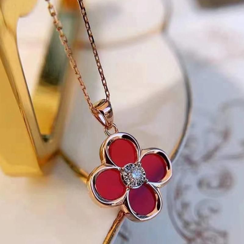 Hot Selling Four Leaves Clover with Natural Diamond Silver Necklace Jewelry