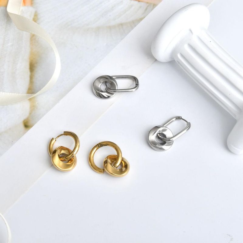 Vintage Interlocking Double Hoops Irregular Stud Two Circles Piercing Earrings