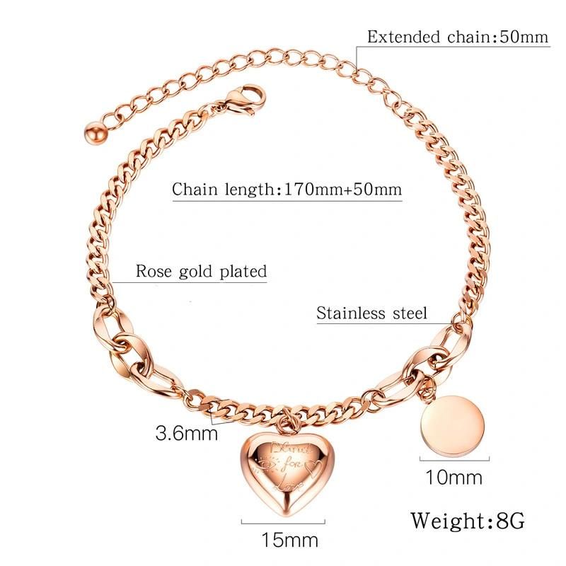 Stainless Steel Chain Bracelets Love Heart Bracelets Romantic Gift Steel/Rose Gold/Gold Plated Bracelets for Women