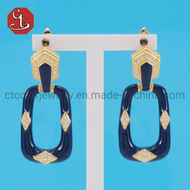 Fashion Geometric Silver or Brass Earring Sterling 925 Silver Jewelry for Women Green Enamel Jewelry