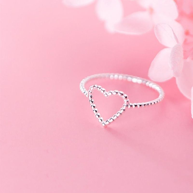 925 Sterling Silver Simple Cute Hollow Heart Finger Ring Size 6 7 8 for Women Silver Jewelry