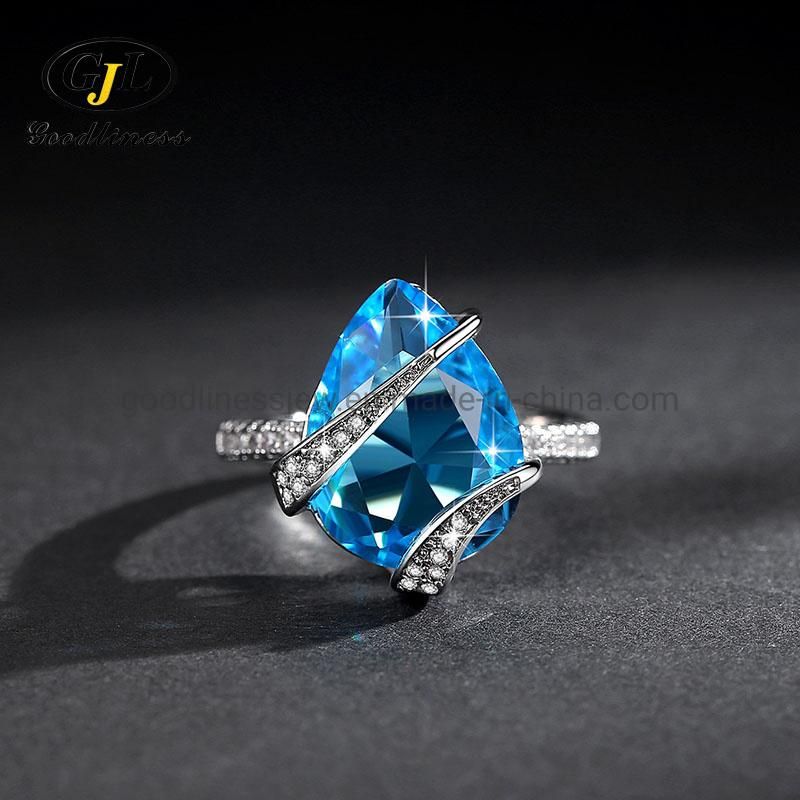 Fashion Sea Blue Zircon Adjustable Ring Luxury Angel Tears Ring