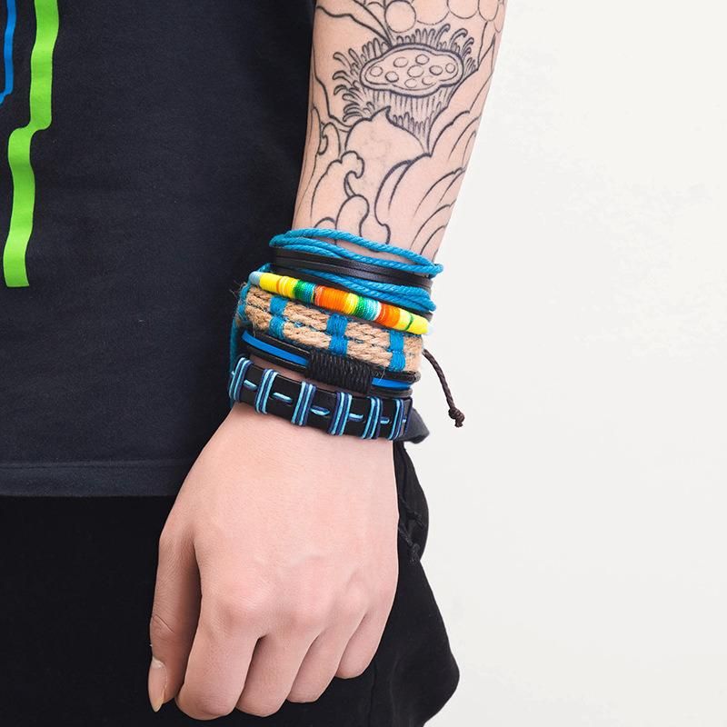 Europe and America Simple Retro Set Bracelet DIY Woven Cowhide Bracelet Punk Bracelet Men′s Hemp Rope Leather Bracelet