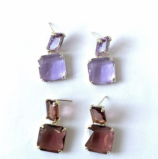 Manufacture Best Selling Retro Palace Statement Square Gemstone Big Drop Earrings in 18K Gold Plated Geometric Earrings with Violet Emerald Color