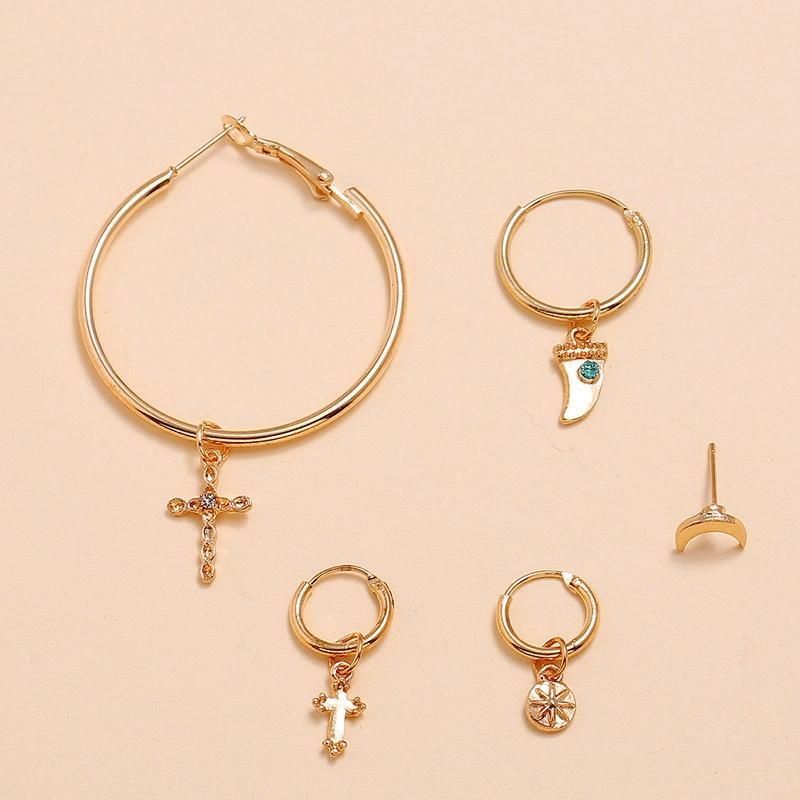 Hot Selling Fashion Geometry Simple Cross Moon Circle 5PCS Earrings Set