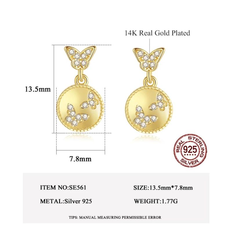 Design Gold Plated Shining Butterfly CZ S925 Silver Stud Earrings