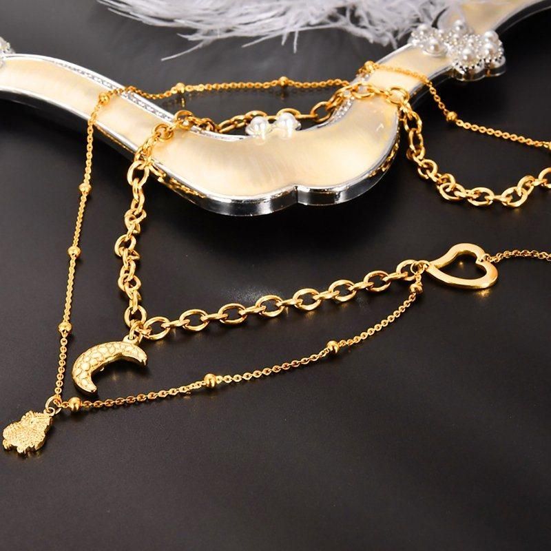 Popular Stainless Steel Gold Plated Layering Necklace Fashion Jewelry with Moon and Eagle Pendant