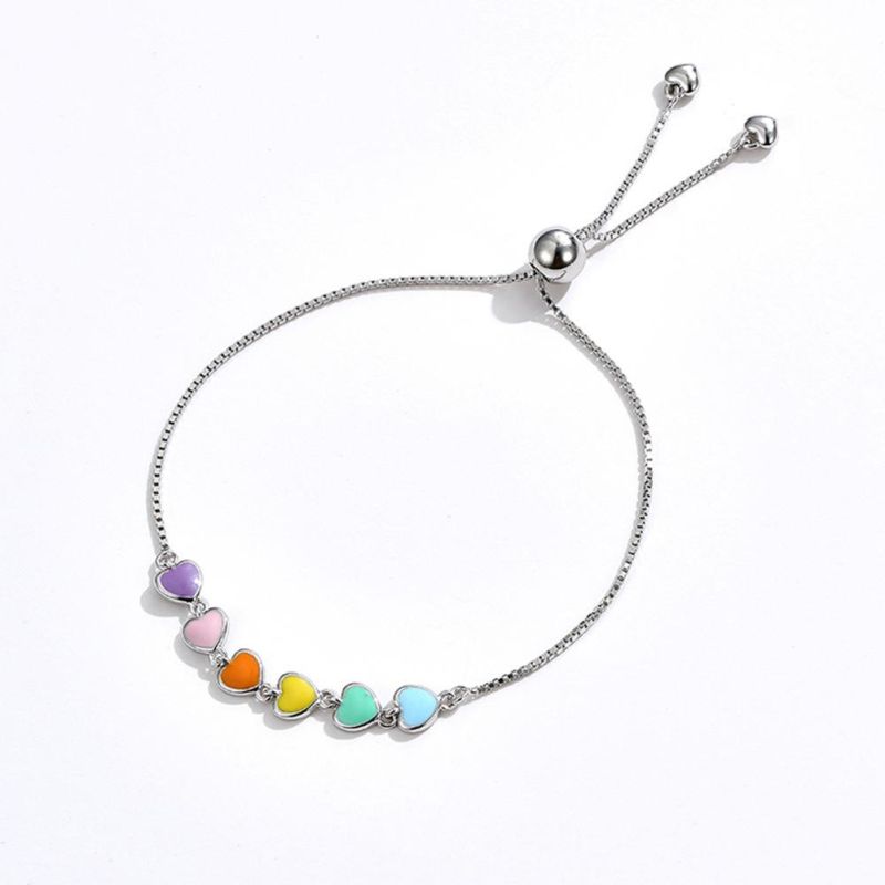 925 Sterling Silver Rainbow Heart Bracelet Heart-Shaped Girls Bracelet