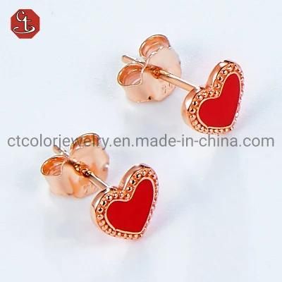 925 Sterling Silver Natural Earrings Jewelry Accessory Heart Enamel Rose Gold Plated Stud Earrings For Women