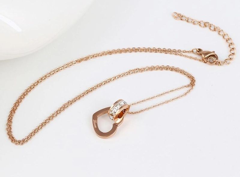 Fashion Jewelry Rose Gold Wholesale Steel Diamond Heart Necklace, Chain Heart Necklace