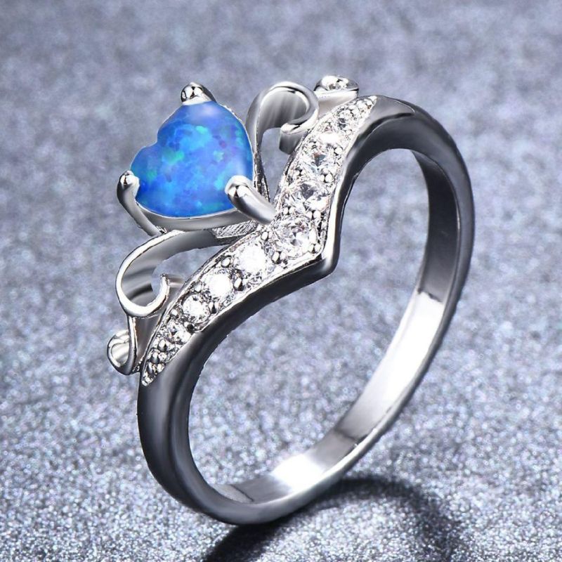 Fashion Rings Jewelry Women Luxury White Opal Blue Heart Shaped Crown Simple Design Wedding Rings