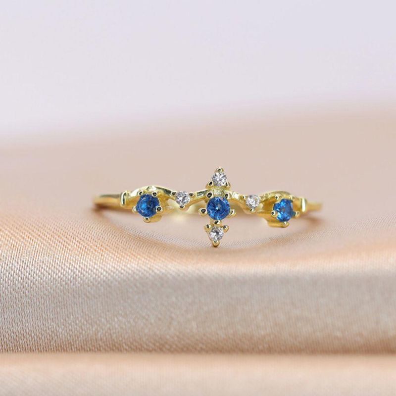 925 Sterling Silver 14K Gold Plated Blue Crystal Crown Ring Women Classic Cute Proposal Party Jewelry