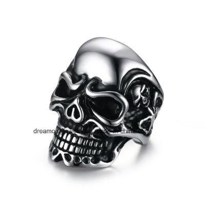 Black Enamel High Quality Vintage Skull Style Surgical Stainless Steel Rings with Engraved Shape for Men
