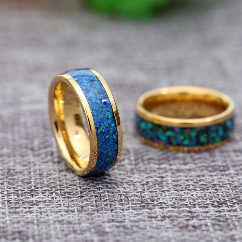 Men Tungsten Carbide Ring Blue Green Opal Stone Inlay