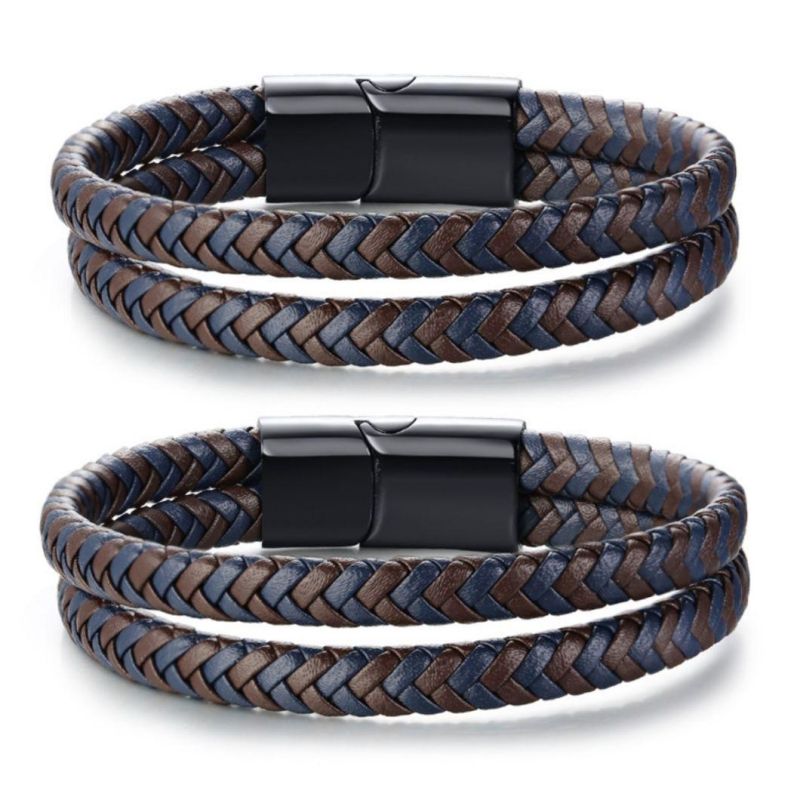 European and American Style Men′ S Ultra-Fine Leather Bracelet Stainless Steel Accessories Black Bracelet Wholesale