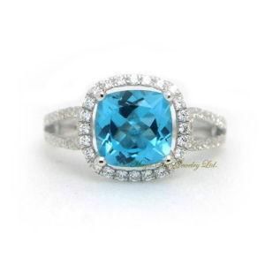 New Arrival Swiss Blue Topaz Stone Natural Crystal Square Shape Royal Vintage Gem Ring 925 Pure Silver White Gold Plated