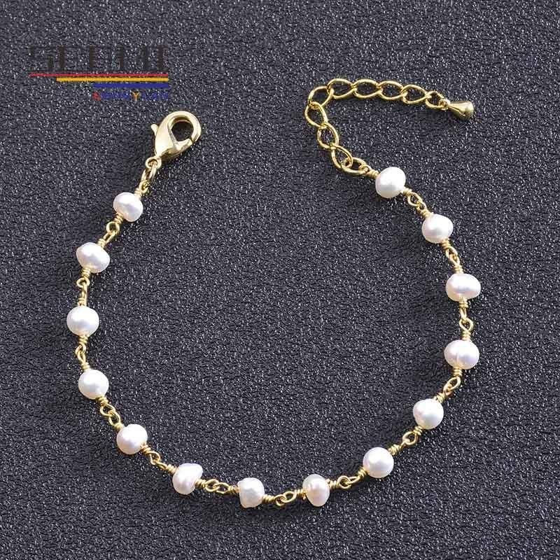 Initial Gold Plated Beaded Chain Women String Freshwater Pearl Bracelets