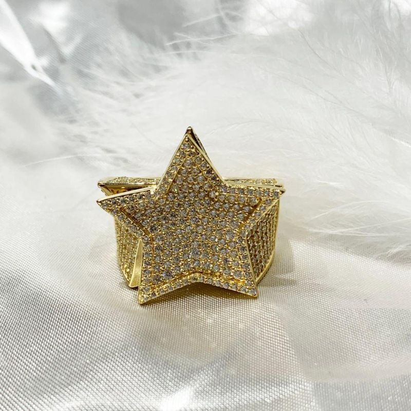 2022 Hip Hop Style K Gold/925 Silver Star Shape Ring