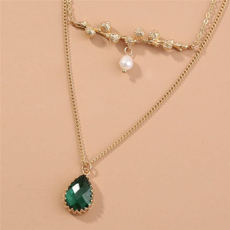 2022 Trendy 18K Gold Plated Clavicle Chain Choker Glass Tree Branch Pearl Necklace Emerald Teardrop Pendant 3 Layered Multiple Necklace for Women Girls and Lady
