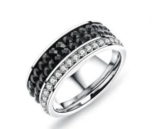 Gorgeous Titanium Steel Black/White 3 Rows Cubic Zirconia Round Crystal Wedding Band Ring