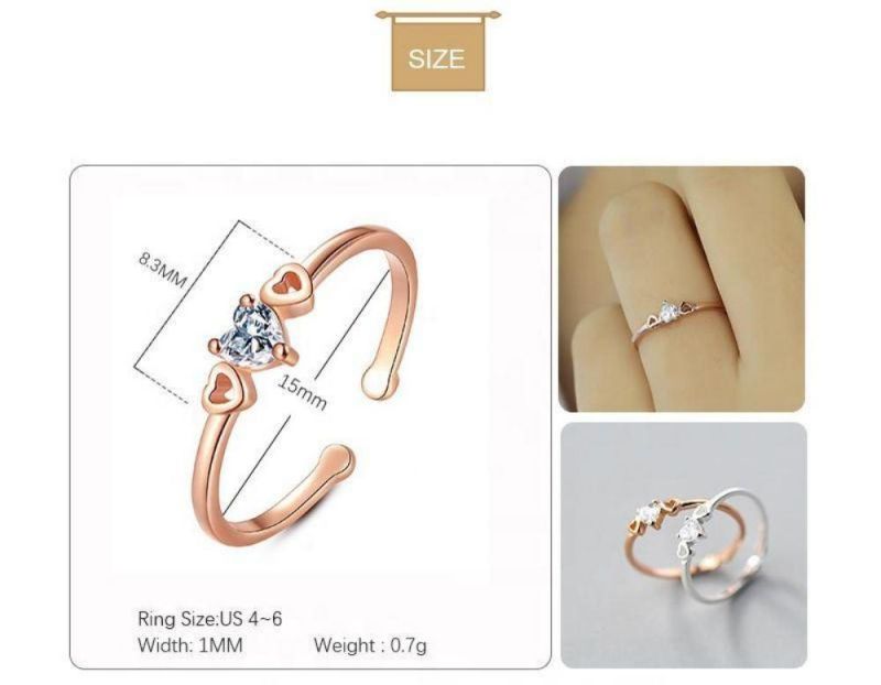 Real 925 Sterling Silver Ring Lovely Heart Zircon Exquisite Adjustable Ring for Women Wedding Girls Jewelry Gift