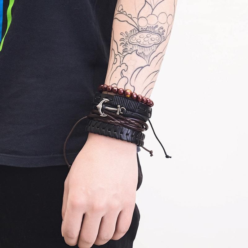 Europe and America Simple Retro Set Bracelet DIY Woven Cowhide Bracelet Punk Bracelet Rope Leather Bracelet