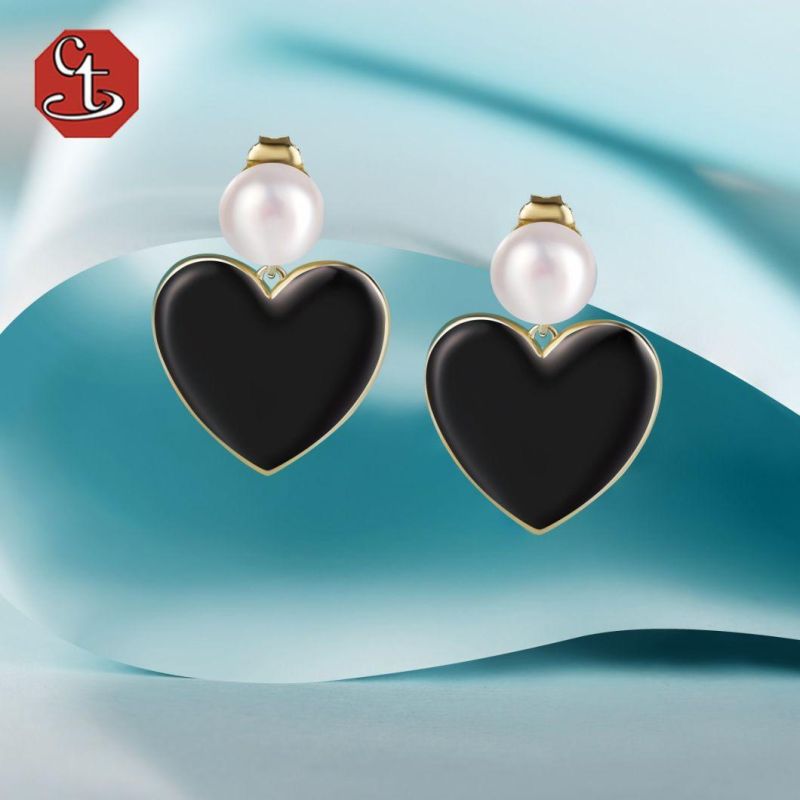 Wholesale Fashion Jewelry 925 Sterling Silver 18K Gold plated Earrings Custom Jewelry Heart Fresh water pearl Elegant Stud Earring with Black Enamel For Women