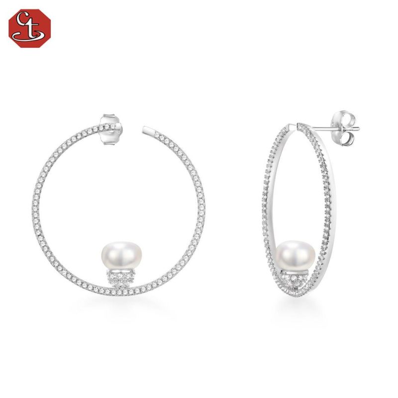 925 Sterling Silver Fashion Jewelry Pearl Round CZ Stud Earrings