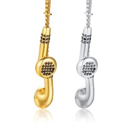 Stainless Steel Rhinestone Earphone Pendant with Gold and Silver Necklace