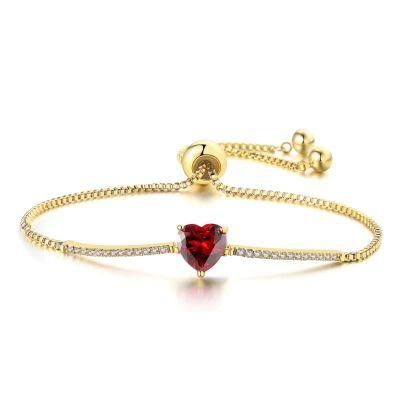 Fashion Fine Heart Shape Ruby 925 Sterling Silver Hot Sale Women Bracelet with Slider