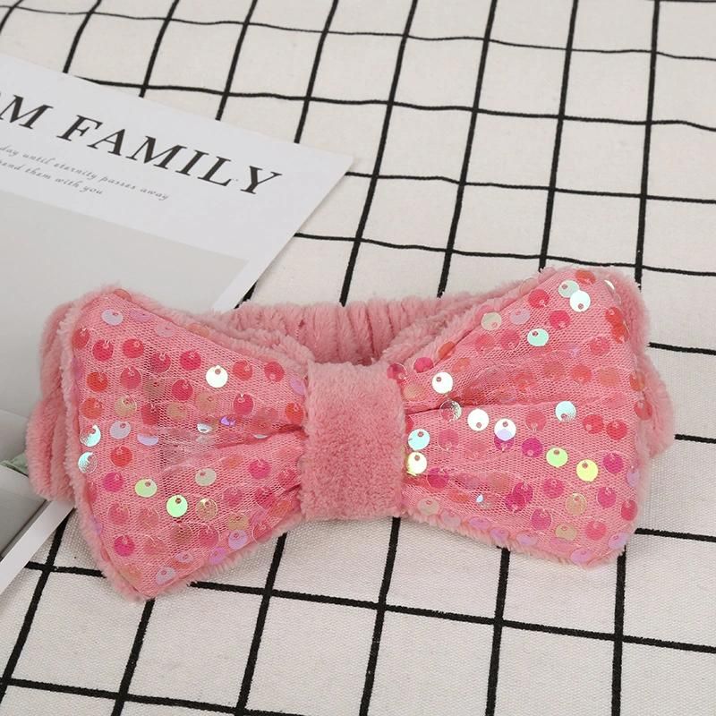Wholesale Custom Logo Makeup Headbands Fashion Women Soft Wash Face Make up Hair Band SPA Bowknot Sequin Headband for Ladies