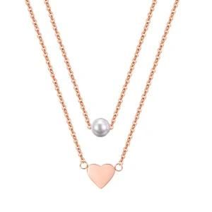 Stainless Steel Gold-Plated Double Round Bead Heart Pendant Necklace