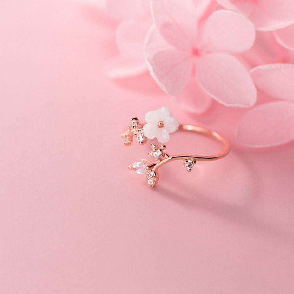 Real 925 Sterling Silver Ring Flower Leaves Zircon Adjustable Ring Women Vintage Fashion Jewelry Girlfriend Gift