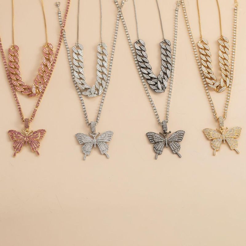 Jewelry Wholesale Personalized Vintage Set Diamond Cuban Chain Big Butterfly Necklace Girl