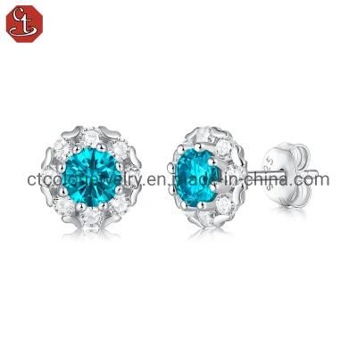 Hot Sale Blue Moissanite Ear Stud Fashion Accessories Silver Earrings for Women