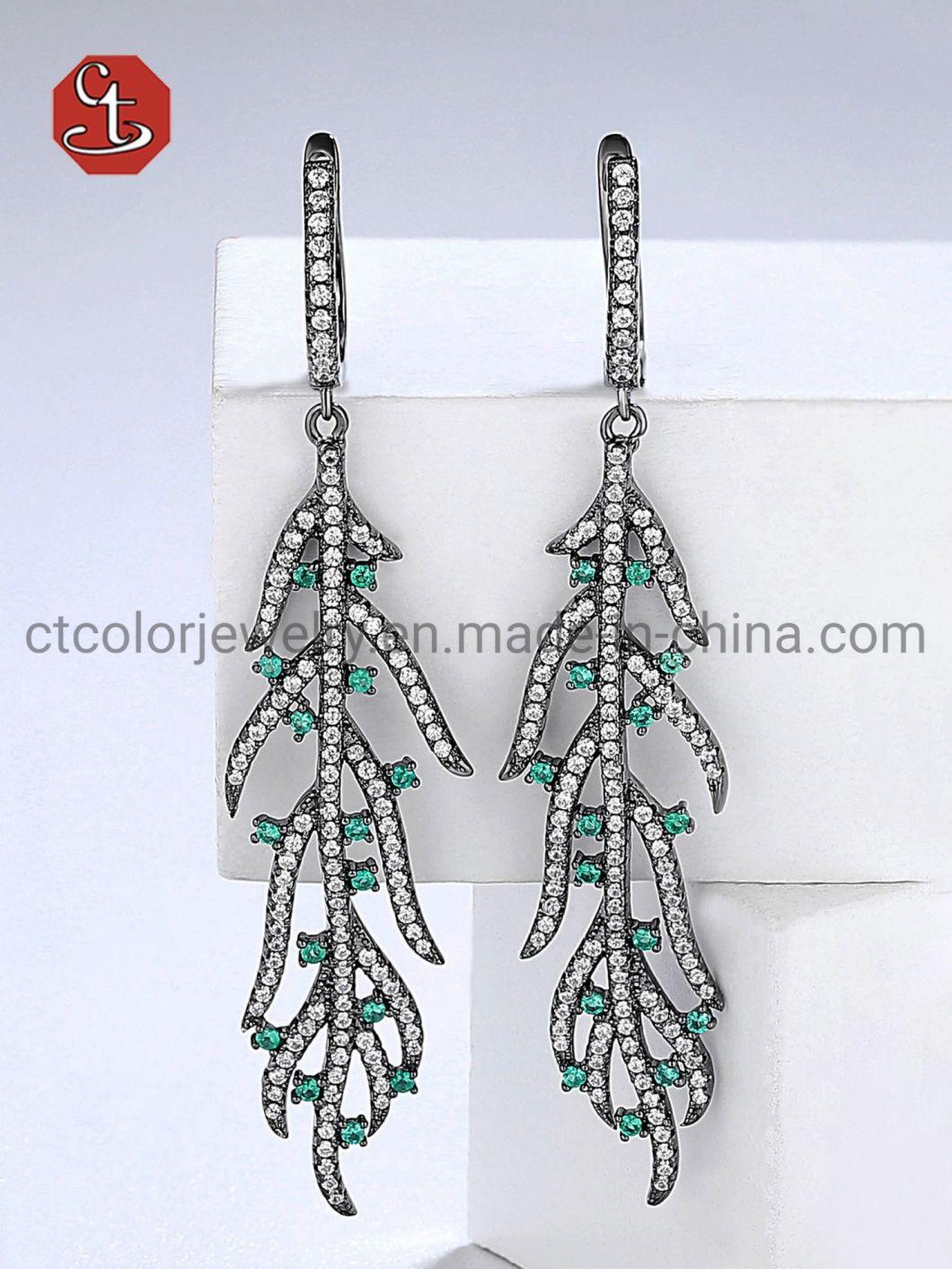 Trendy 925 Sterling Silver CZ Pave Green Prong Longe Leaf Dangle Earring Jewelry