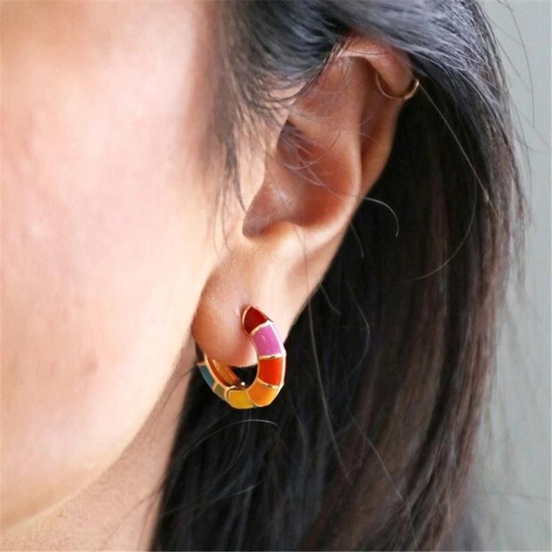 Rainbow Geometric Enamel Hoop Earrings in Gold