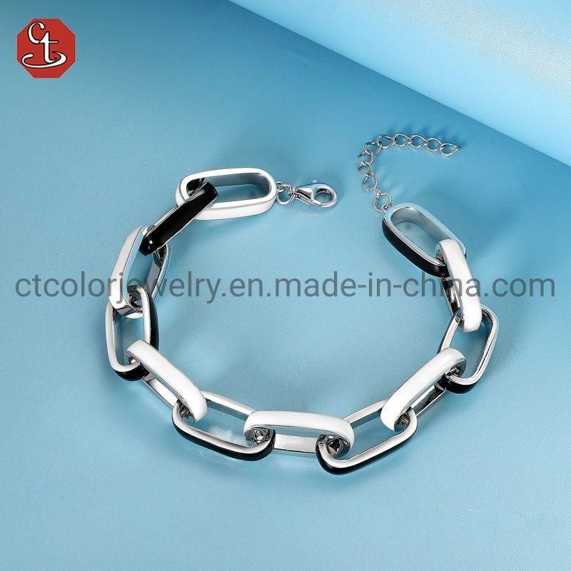 Fashion 925 Silver Sterling Black and White color Enamel chain Jewelry Bracelet